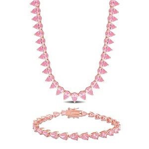 EVERLY JEWELRY | Rose Plated Sterling Silver 58ct TGW Created Pink Sapphire Tennis Necklace and Bracelet 2-Piece Set - 1 of 4