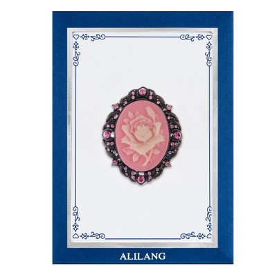 Anna-Kaci Rose Pink Flower Cameo Brooch Pin Crystal Rhinestones with Family Member Gift Message Card & Envelope Jewelry Gifts
