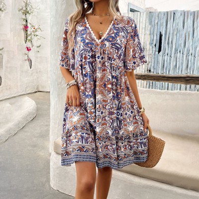 Coolmee Womens Dresses Boho Floral V Neck Short Sleeve Smocked Elastic Waist Casual A-Line Swing Mini Dress Sundress