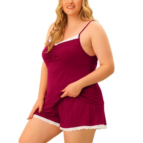 Agnes Orinda Plus Size Sleeveless Sleepwear for Women Contrast Lace Cami Pajamas Set Burgundy 4X