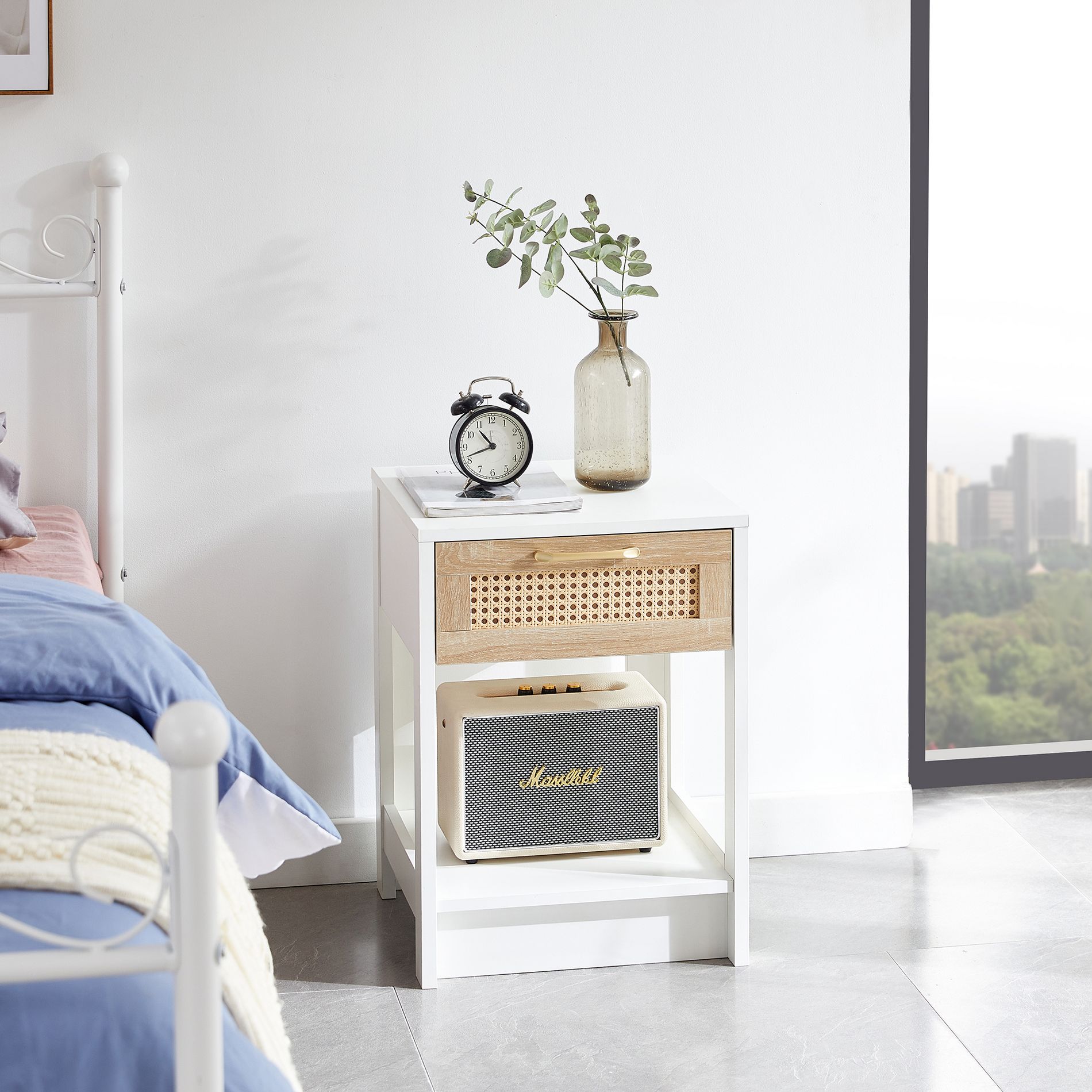 15.75" Rattan Nightstand with Drawer, Modern Nightstand for Bedroom or Living Room, White