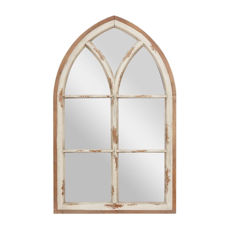Wood Window Panes Inspired Wall Mirror with Arched Top and Distressing White/Brown - Olivia &#38; May, 1 of 7