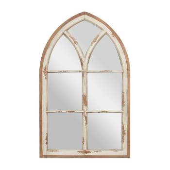 Wood Window Panes Inspired Wall Mirror with Arched Top and Distressing White/Brown - Olivia & May