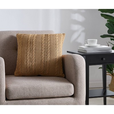 Taupe 18" Square Cotton Cable Knit Decorative Pillow