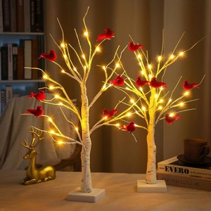 2 Pcs 2 ft Lighted Birch Tree with 12 Cardinals for Christmas Decor Indoor LED Birch Tree Battery Powered - 1 of 4