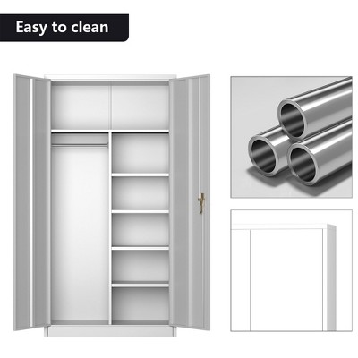 AOBABO White Metal Wardrobe Storage Cabinet with Adjustable Shelves and Lockable Doors