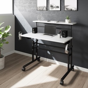 Vynxaria Rolling Writing Desk, Height Adjustable with Moveable Shelf, White, Particle Board & Carbon Fiber-like Finish - 1 of 4