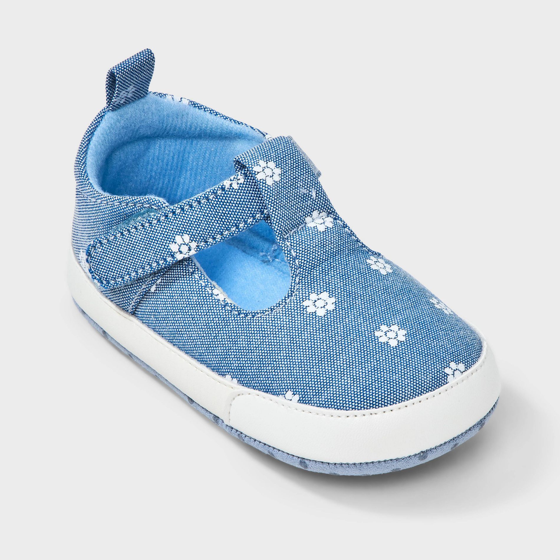 Baby Girls' Chambray Flower Sneakers - Cat & Jack™ Blue 3-6M: Pull-On, Soft Sole, Floral Pattern