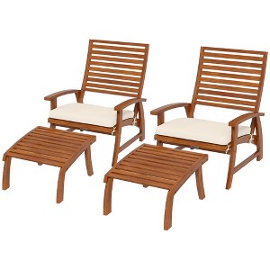 4 Piece Patio Furniture Set, 2 Chairs with Cushions & Ottomans, Slatted Acacia Wood - 1 of 4
