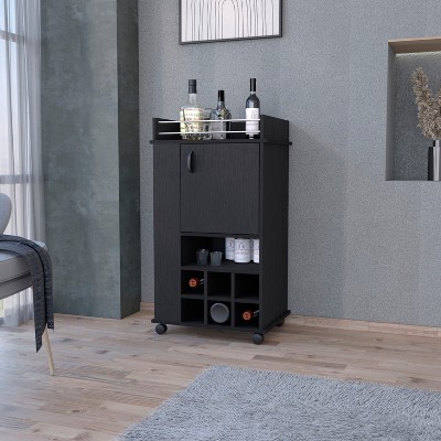 Vynxaria White Bar Cart - Stylish Design, Two External Shelves, Six Built-in Wine Racks, Single Door Cabinet