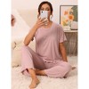 cheibear Women's Pajama Set Ruffle Round Neck Soft Knit Short Sleeve Shirt with Pants Capri Loungewear - 3 of 4