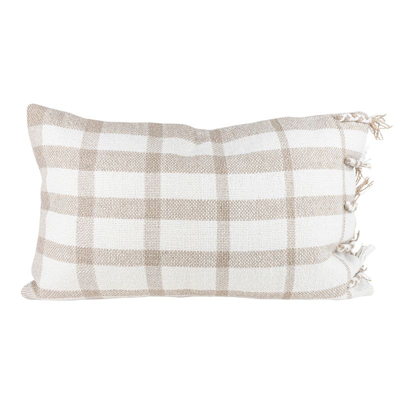 Taupe Plaid 14X22 Hand Woven Filled Outdoor Pillow - Foreside Home & Garden, 1 of 8