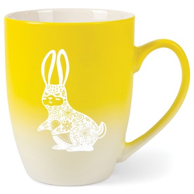 Elanze Designs 12 Ounce Vibrant Two Toned Ombre Ceramic Tea Coffee Cup Mug Yellow White Gentle Floral Rabbit