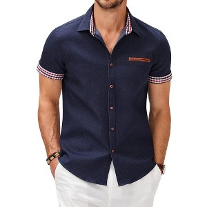 COOFANDY Men's Casual Short Sleeve Button Down Dress Shirt Plaid Collar Denim Work Shirts - 1 of 4