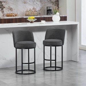 Counter Height Bar Stools Set of 2, Modern Barrel Counter Stools with Backrest, Linen Fabric Upholstered Accent Bar Stools for Kitchen Island - 1 of 4