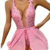 Clotth Ladies Lace Lingerie Set - Sheer Mesh Panel Babydoll with See-Through Embroidery, Cute Lingerie Chemise and Panty Set, Pink - 4 of 4