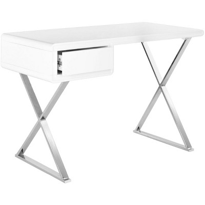 White and Silver Transitional Wood Home Office Desk with Drawer