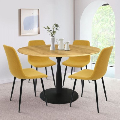 Harrison+Bingo 5-Piece Round-Shaped Wood Grain Dining Table Set With 4 Upholstered Chairs Black Legs-Maison Boucle