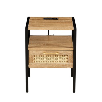 TIRAMISUBEST Set of 2, 15.75" Rattan Nightstand with USB Ports , Modern Nightstand with Drawer and Metal Legs for Living Room, Bedroom,White