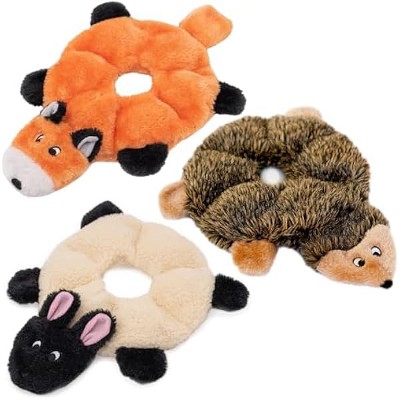 ZippyPaws Loopy - No Stuffing Dog Toys, Squeaky Pet Toys Unstuffed Chew Toy, Sheep, Hedgehog, & Fox - 3 Pack, 10"