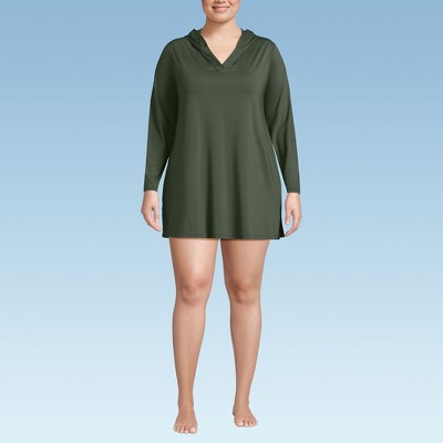 Lands' End Women's Cotton Jersey Long Sleeve Hooded Swim Cover-up Dress