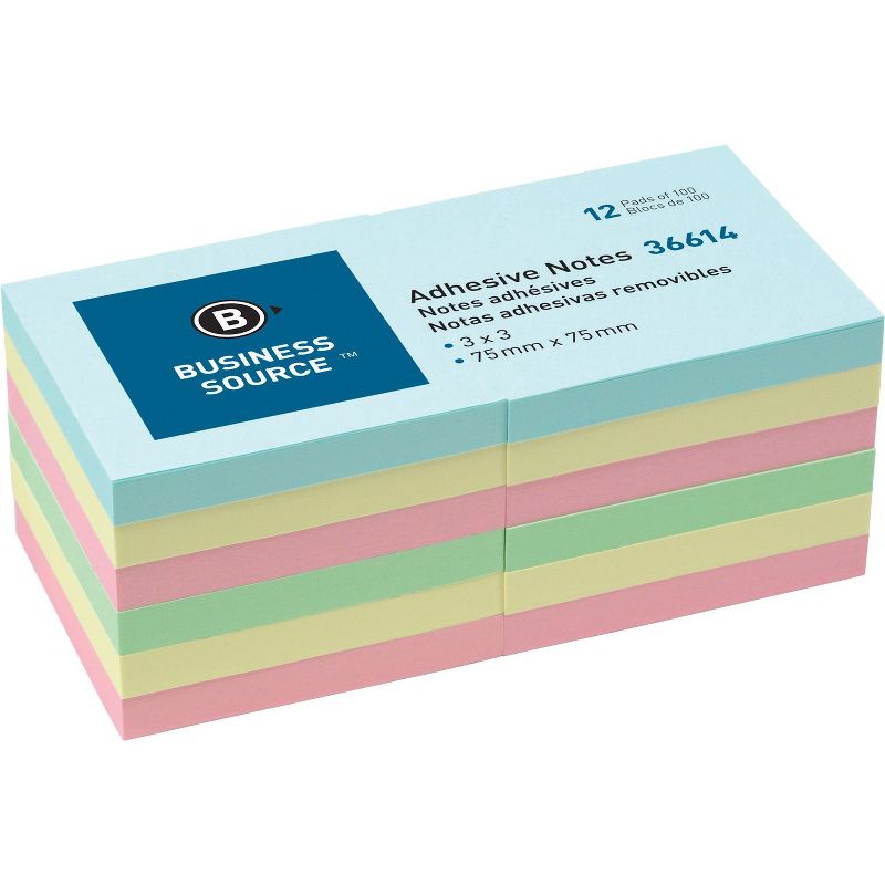 Business Source Adhesives Notes Plain 3"x3" 100 Sheets/PD 12/PK AST Pastel 36614, 1 of 3