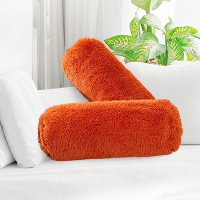 Rust Orange Shaggy Long Hair Bolster Pillows Set