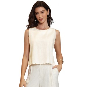 INSPIRE CHIC Women's Linen Sleeveless Summer Crew Neck Scallop Hem Office Cropped Blouses - 1 of 4