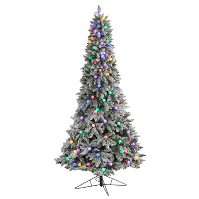 Nearly Natural 8.5-ft Flocked British Columbia Mountain Fir Artificial Christmas Tree with 120 Multi Color Globe Bulbs and 1513 Bendable Branches