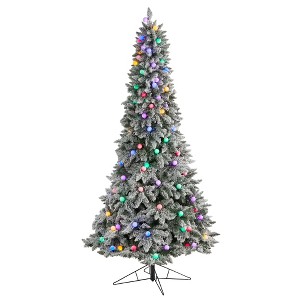 Nearly Natural 8.5-ft Flocked British Columbia Mountain Fir Artificial Christmas Tree with 120 Multi Color Globe Bulbs and 1513 Bendable Branches - 1 of 4
