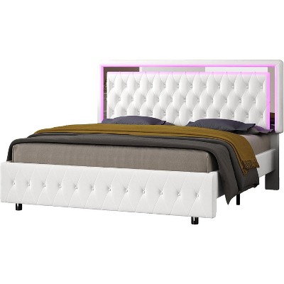 Bed Frame with Led Lights Headboard, Acrylic Mirror Accents