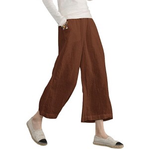 ECUPPER Womens Cotton Cropped Pants Loose Fit Wide Leg Capri Casual Plus Size Elastic Waist Trousers - 1 of 4
