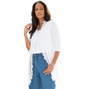 Roaman's Women's Plus Size Crochet Trim Pointelle Cardigan - 1 of 4