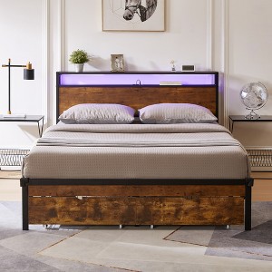 Full Size Metal Platform Bed with Wooden Headboard and Two Drawers for Bedroom or Apartment - 1 of 4