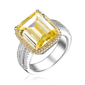 Guili Sterling Silver Rhodium and 14K Gold Plated Yellow Asscher with Clear Round Cubic Zirconia, Triple Pave Ring, Elegant Design, Sizes 6, 7, 8 - 1 of 3