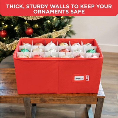Red Polyester Christmas Ornament Storage Box with Dividers