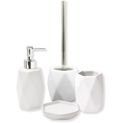 White Diamond Stoneware Toilet Brush Holder with Stainless Steel Handle