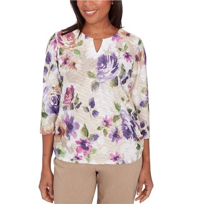 Alfred Dunner Womens Embellished Keyhole Floral Knit Blouse
