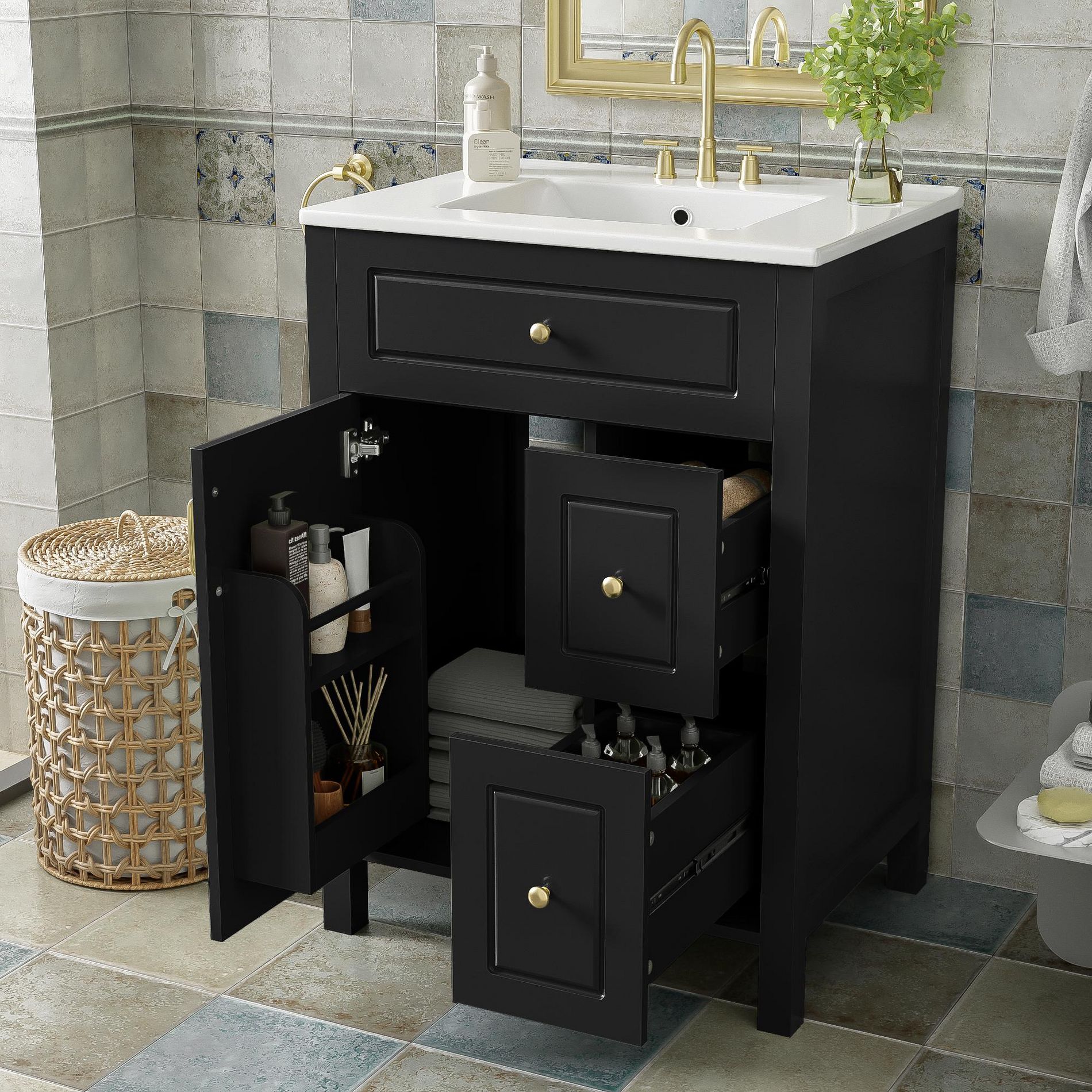 24" Small Bathroom Vanity Sink Combo with Drawers, Bathroom Floor Cabinet with Shelf and Soft Close Door