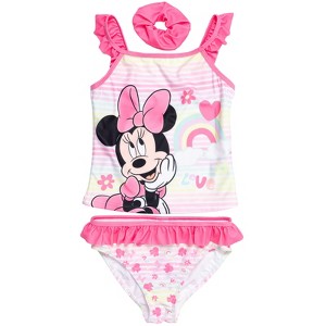 Mickey Mouse & Friends Minnie Mouse Tankini Top Bikini Bottom and Scrunchie 3 Piece Swimsuit Set Pink  - 1 of 4