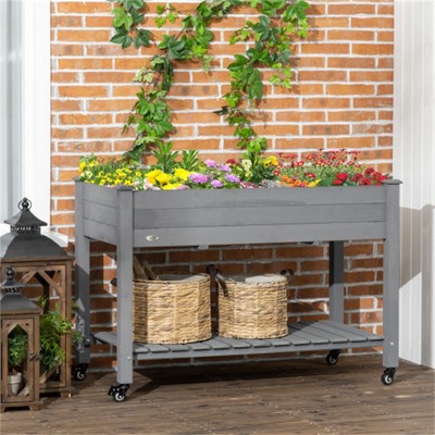 YONWAY 46.5"W Raised Garden Bed, Elevated Wooden Planter Box with Lockable Wheels, Storage Shelf, and Bed Liner for Backyard, Patio