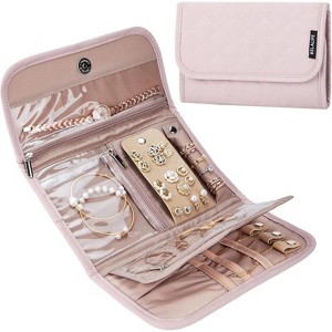 Medium Foldable Travel Jewelry Roll, Pink Organizer Storage Case for Earrings, Necklaces & Rings - 1 of 4