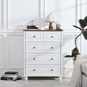 White Dresser with 5 Drawers, Tall Chest of Drawers, 5 Drawer Dresser with Deep Space, Wood Storage Cabinet for Living Room, Hallway, Office, White - 1 of 1