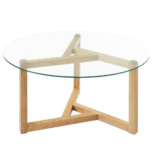 Ridstar 35.43 in. Natural Round Coffee Table with Tempered Glass Top & Sturdy Wood Base - 1 of 4