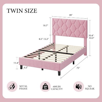 Homhougo Twin Size Platform Bed Frame with Upholstered Headboard and Wooden Slats Support Upholstered Mattress Foundation/No Box Spring