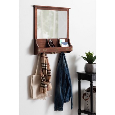 Walnut Brown Solid Wood Square Wall Organizer with Mirror and Hooks