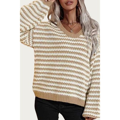 Women's STRIPED V-NECK KNIT SWEATER - ESLEY COLLECTION