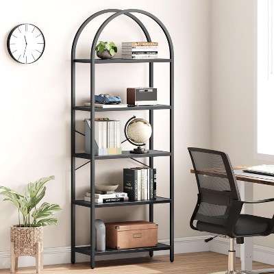 Homhougo Arched Bookshelf 5 Tier Tall Bookcase Modern Standing Bookshelves Metal Storage Rack Shelf Wood Book Shelf for Bedroom, Living Room, Black