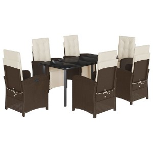 vidaXL 7 Piece Patio Dining Set - PE Rattan Outdoor Furniture with Cushions and Adjustable Reclining Chairs - Tempered Glass Table - Brown - 1 of 4