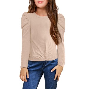 Arshiner Girls Puff Long Sleeve Shirts Twist Front Ribbed Knit T Shirt Crop Tops Tee Blouse Khaki 5-6 Y - 1 of 4